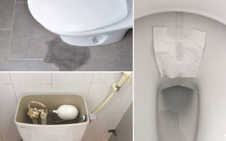 Dấu hiệu bồn cầu bị rỉ nước quanh chân đế, trong lòng bệ, két nước