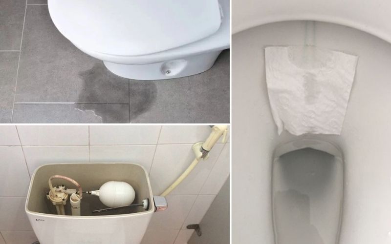 Dấu hiệu bồn cầu bị rỉ nước quanh chân đế, trong lòng bệ, két nước
