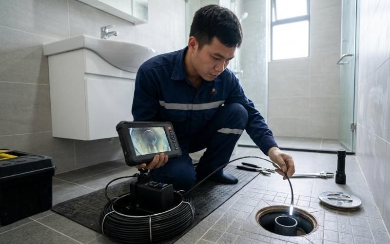 Kỹ thuật viên dùng camera nội soi tìm điểm nghẹt cống thoát nước