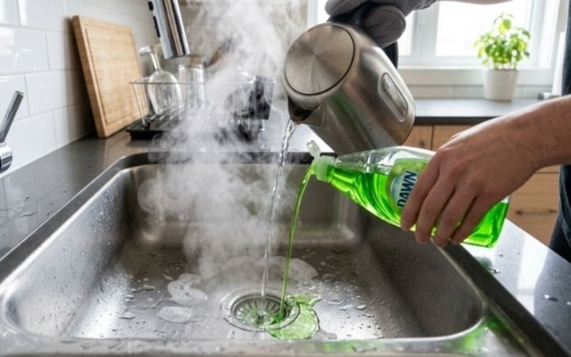 Mẹo dùng nước sôi và nước rửa chén giải quyết bồn rửa chén bị nghẹt dầu mỡ