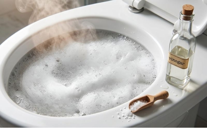 3 Cách thông bồn cầu bằng muối chuẩn tỷ lệ và an toàn từ thợ 3 Hỗn hợp muối, giấm và nước ấm tạo phản ứng sủi bọt sinh nhiệt giúp phân rã mảng bám hiệu quả.