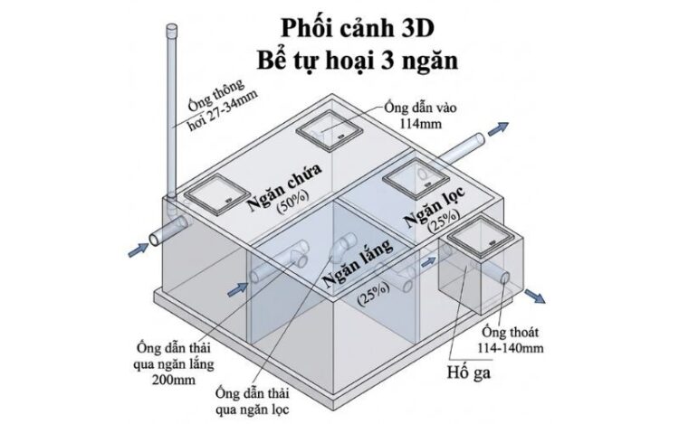 Sơ đồ bản vẽ 3D hầm tự hoại 3 ngăn tiêu chuẩn
