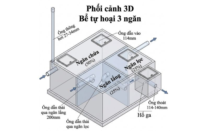Cấu tạo và nguyên lý hoạt động hầm tự hoại 3 ngăn chuẩn kỹ thuật