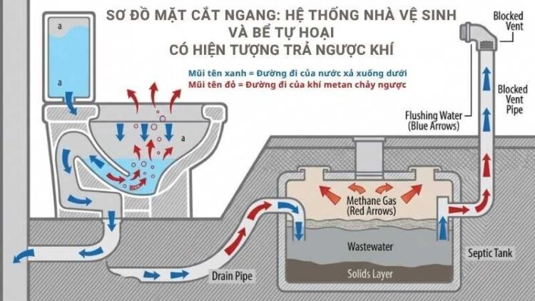 Sơ đồ mặt cắt dọc giải thích bồn cầu bị đầy hơi và trào ngược khí