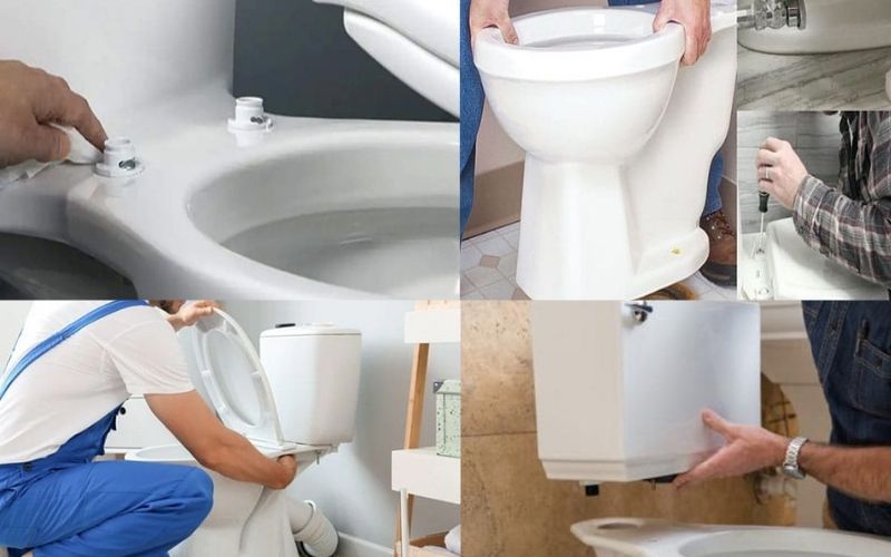 Thợ đang thi công tháo bệ xí bồn cầu gọn gàng, sạch sẽ