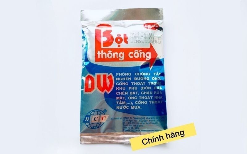 Bột thông cống DW: Review hiệu quả & Hướng dẫn sử dụng 1 Hình ảnh bao bì bột thông cống DW chính hãng 100g chứa hợp chất kiềm mạnh giúp phân hủy rác hữu cơ.