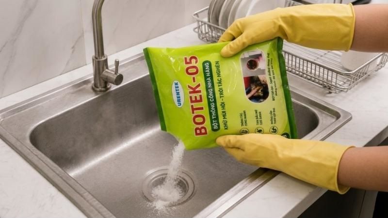 Bột thông cống Botek-05 tan mỡ có tốt không? Cách dùng chuẩn 4 Đeo găng tay bảo hộ khi sử dụng bột thông cống Botek giúp bảo vệ an toàn