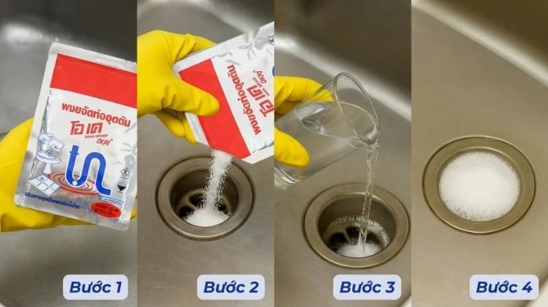Bột thông cống Okay | Cách dùng chuẩn và nhận biết thật giả 4 Người dùng đeo găng tay cao su cẩn thận đổ bột thông cống Okay vào lỗ thoát nước bồn rửa bát để xử lý cặn mỡ