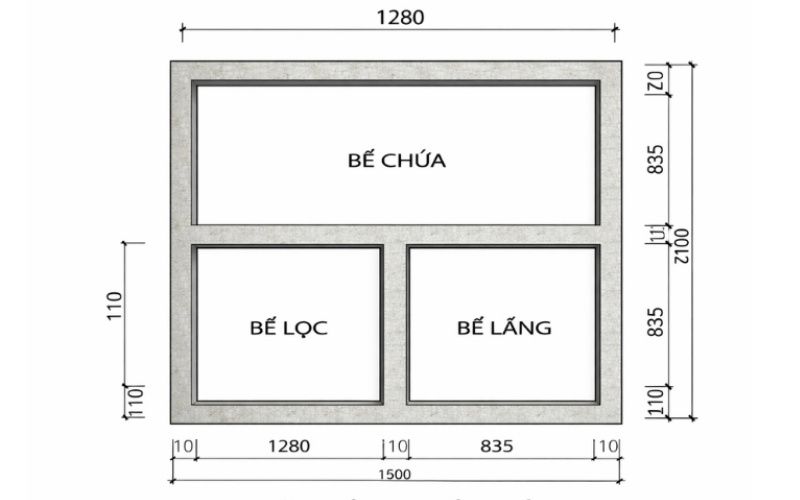 Bản vẽ kích thước lọt lòng của hầm tự hoại 3 ngăn tiêu chuẩn.