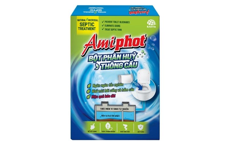 Sự thật bột thông cống Amiphot: Men vi sinh hay hóa chất? 1 Hộp bột phân hủy thông cầu Amiphot 220g vỏ giấy xanh dương chính hãng