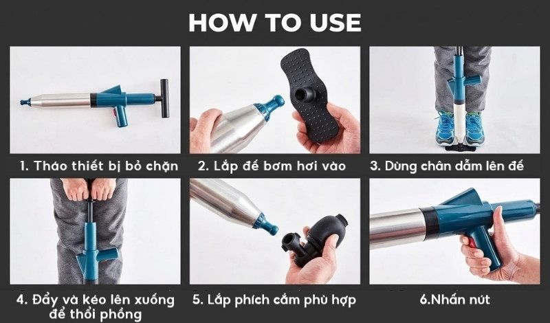 Hướng dẫn cách sử dụng súng bơm hơi thông bồn cầu an toàn, tránh nguy cơ nứt vỡ đường ống.