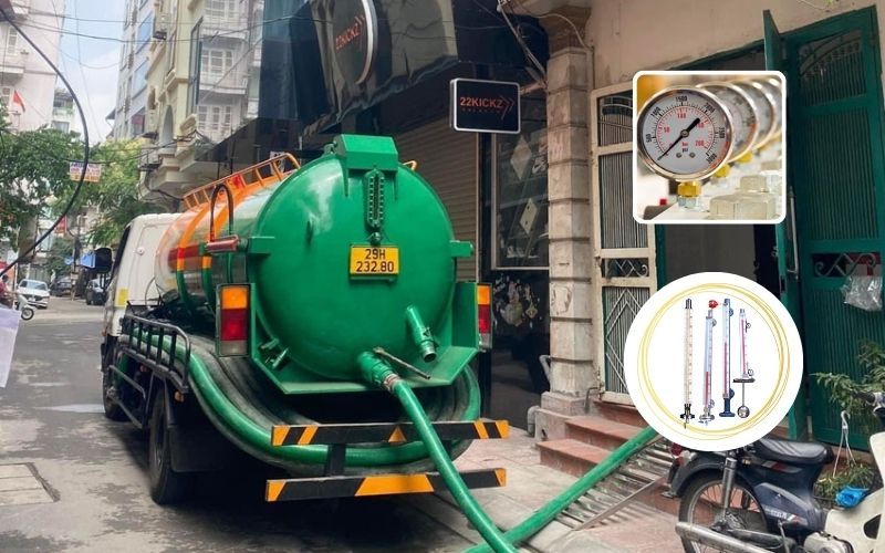 Hướng dẫn xem đồng hồ đo áp suất và vạch báo mức nước trên ống kính ngắm thủy tinh của xe hút hầm cầu