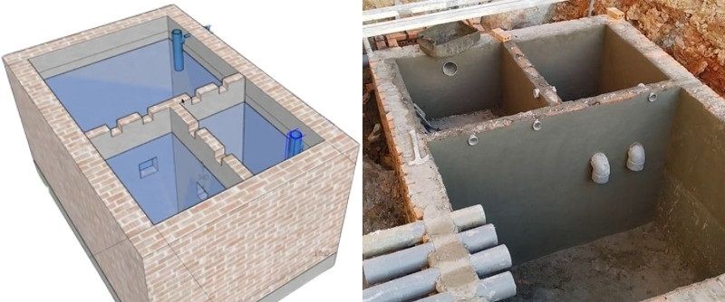 Mặt cắt hầm cầu cho thấy thể tích hữu ích chứa chất thải thực tế nhỏ hơn nhiều so với thể tích phủ bì
