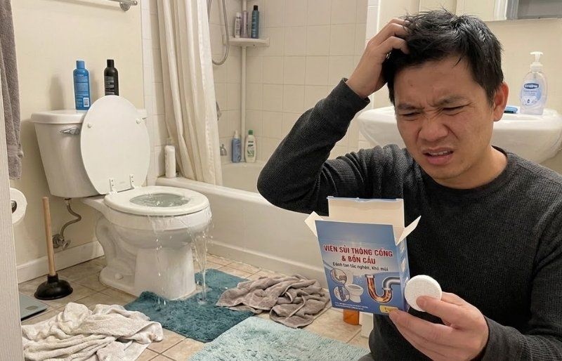 Người dùng băn khoăn tìm mua viên sủi thông tắc bồn cầu để tự xử lý tình trạng nước trào ngược tại nhà