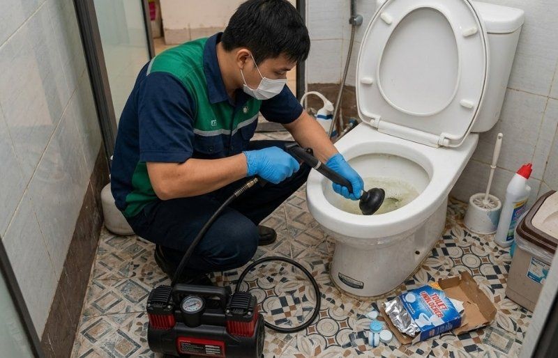 Thợ Môi Trường Khánh Hòa sử dụng máy nén khí xử lý bồn cầu bị nghẹt nặng khi viên sủi thông tắc bồn cầu vô tác dụng