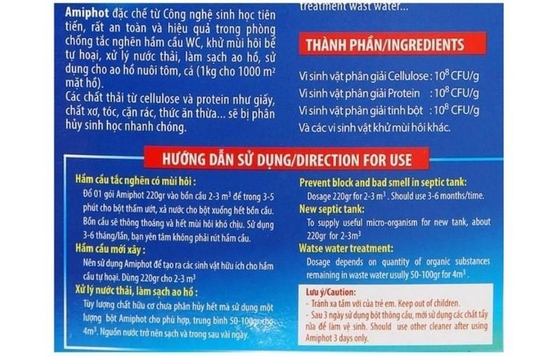 Sự thật bột thông cống Amiphot: Men vi sinh hay hóa chất? 2 Thông số chi tiết của hộp bột phân hủy thông cầu Amiphot 220g